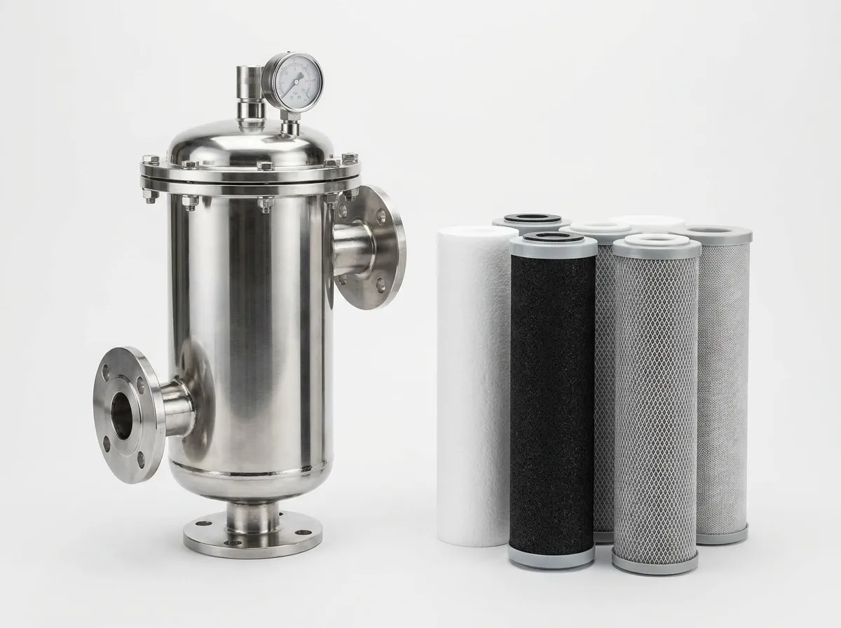 Rak filter cartridge dan bag filter industri di gudang material