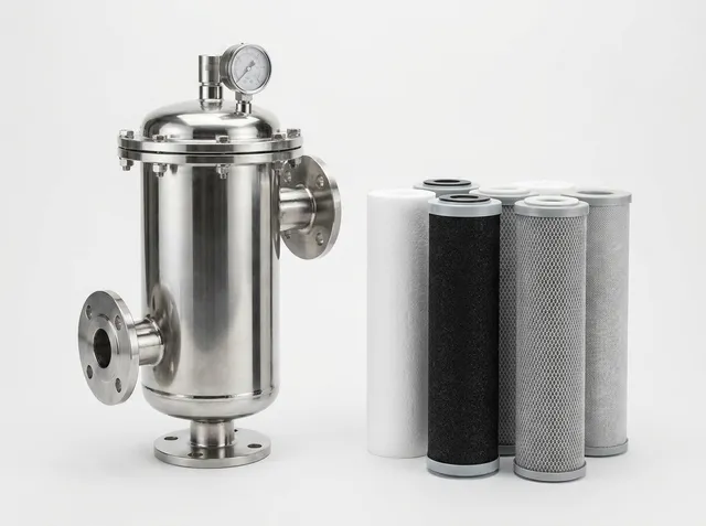 Rak filter cartridge dan bag filter industri di gudang material