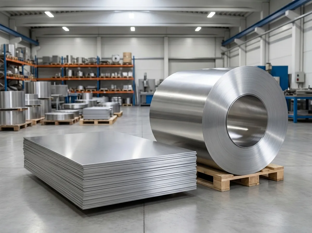 Gulungan dan pelat baja tahan karat stainless steel di gudang distributor industri